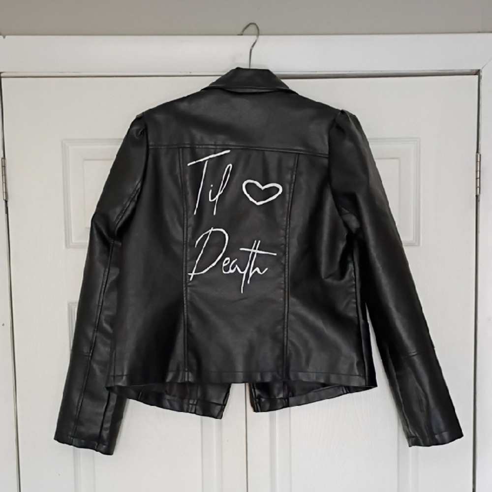 Black Faux Leather Jacket with Embroidered Design